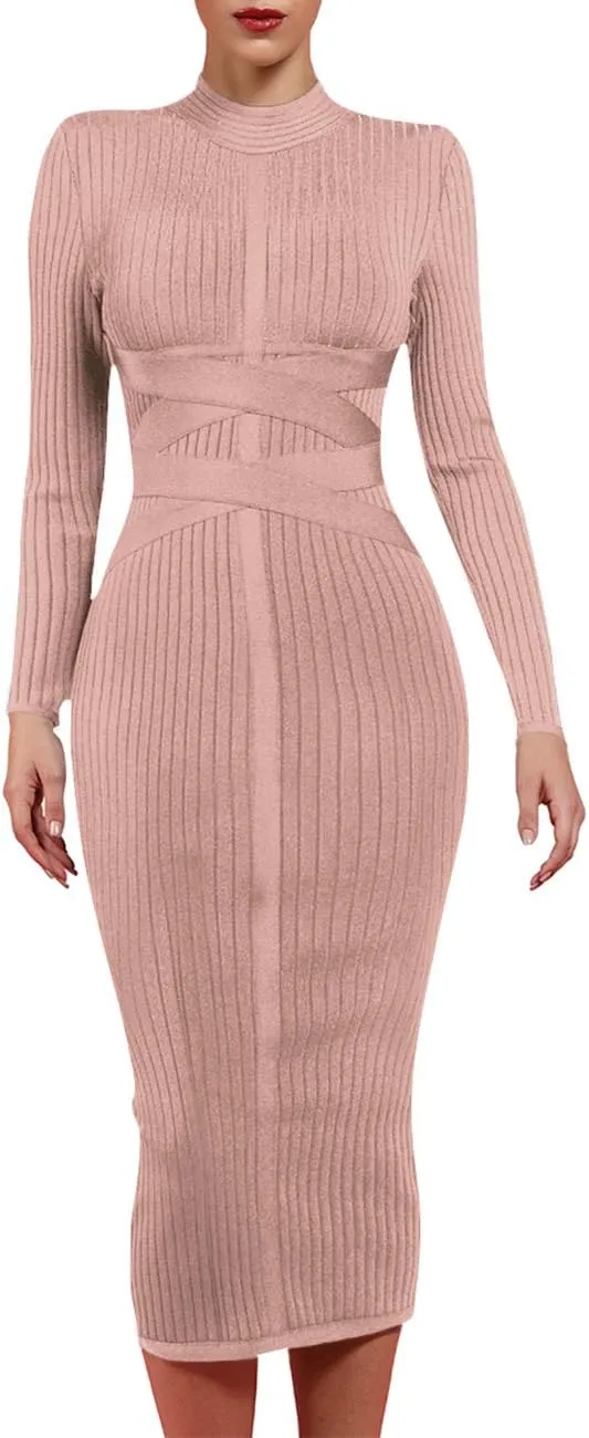 UONBOX Women's Long Sleeves Cross Strap Ribbed Club Party Midi Bodycon Bandage Dress