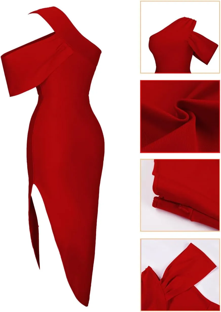 UONBOX Women's One Shoulder Side Split Asymmetrical Bodycon Sleeveless Midi Party Cocktail Bandage Dress