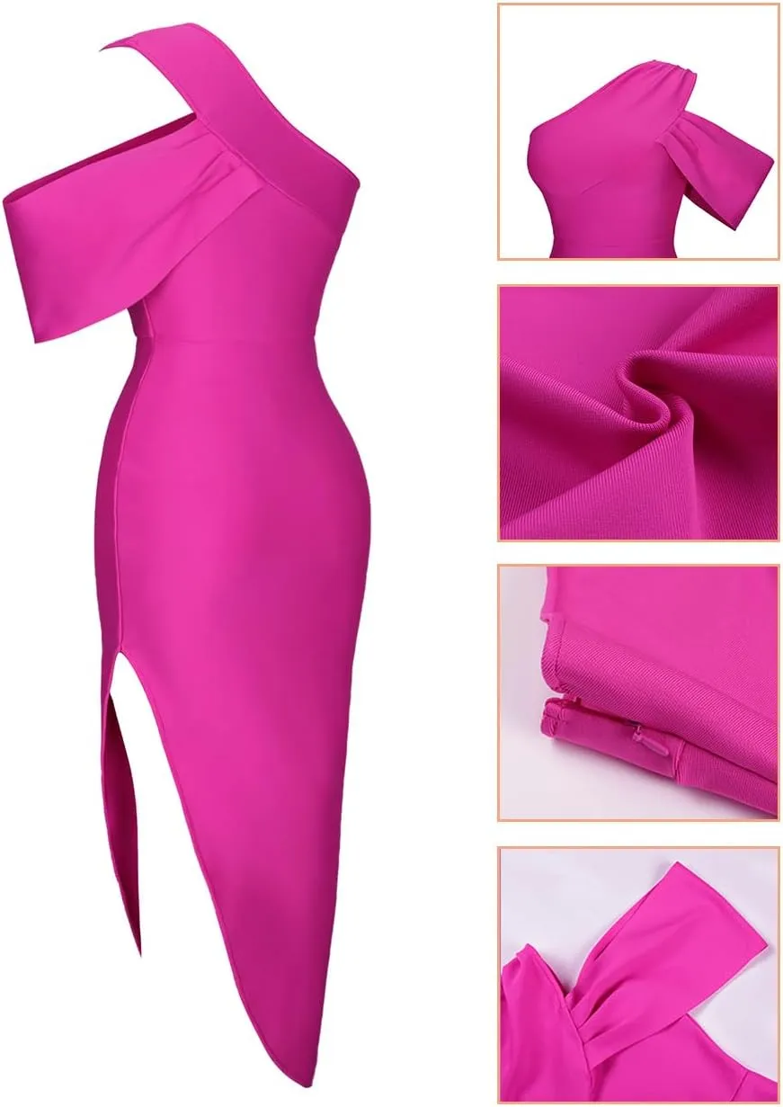 UONBOX Women's One Shoulder Side Split Asymmetrical Bodycon Sleeveless Midi Party Cocktail Bandage Dress