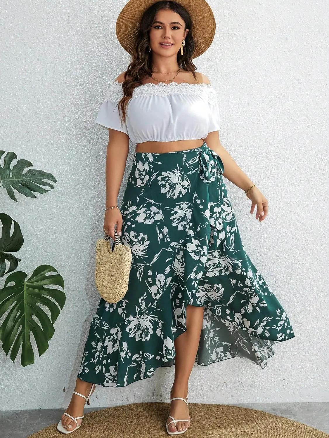WDIRARA Women's Plus Size Floral Print High Waist Wrap Tie Side Ruffle Hem Boho A Line Skirt
