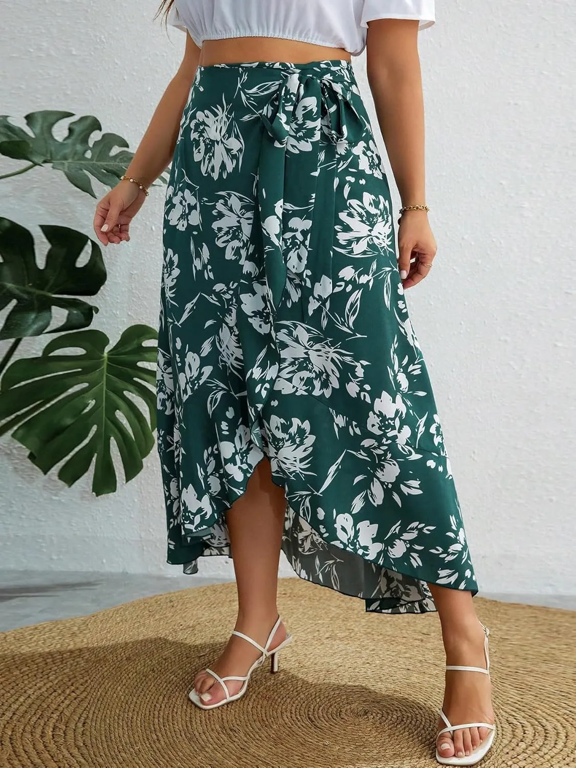 WDIRARA Women's Plus Size Floral Print High Waist Wrap Tie Side Ruffle Hem Boho A Line Skirt