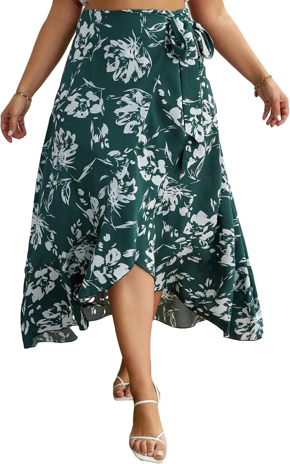 WDIRARA Women's Plus Size Floral Print High Waist Wrap Tie Side Ruffle Hem Boho A Line Skirt