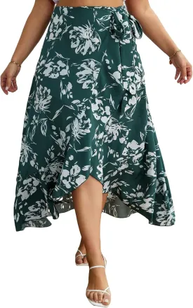 WDIRARA Women's Plus Size Floral Print High Waist Wrap Tie Side Ruffle Hem Boho A Line Skirt