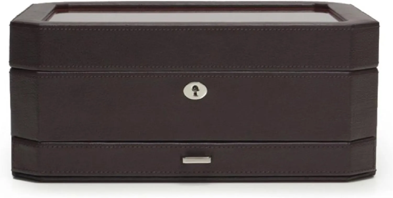 WOLF Windsor 10-Piece Watch Box with Drawer, Brown/Orange - Features 10 Watch Compartments, Eight Ring Rolls & 17 Jewelry Compartments - Vegan Leather Exterior