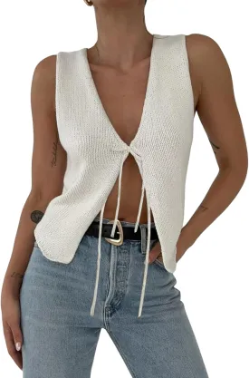 Women Y2K Tie Front Knit Vest Top Sleeveless V Neck Button Down Crochet Tank Top Summer Vintage Top Streetwear