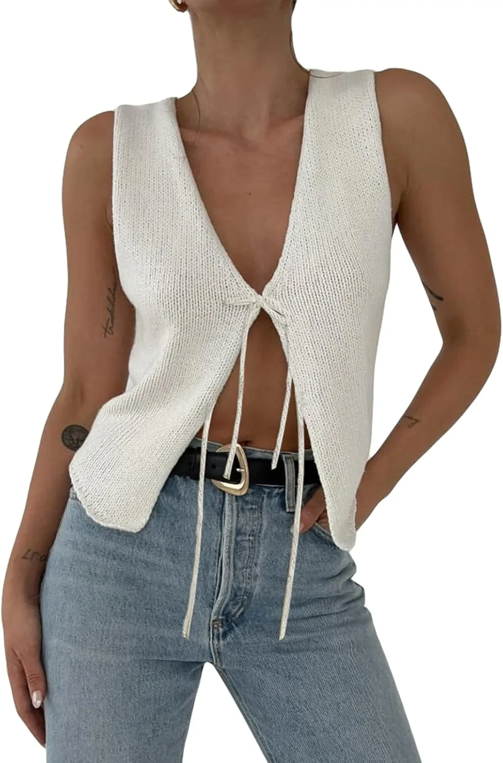 Women Y2K Tie Front Knit Vest Top Sleeveless V Neck Button Down Crochet Tank Top Summer Vintage Top Streetwear
