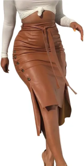 Womens High Waisted Faux Leather Pencil Skirt Side Button Side Slit with Belt