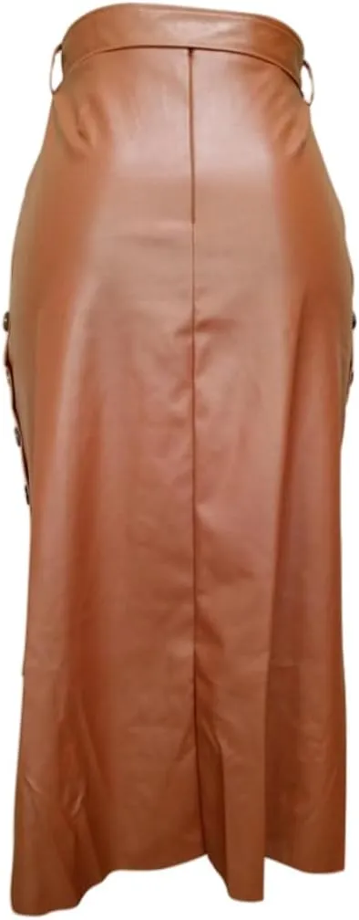 Womens High Waisted Faux Leather Pencil Skirt Side Button Side Slit with Belt