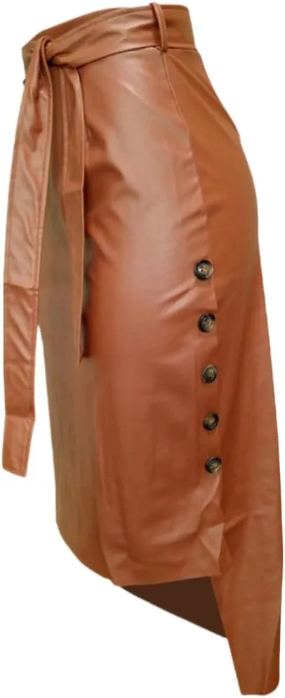 Womens High Waisted Faux Leather Pencil Skirt Side Button Side Slit with Belt
