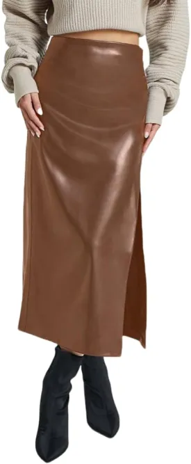 Women's High Waisted Faux Leather Pencil Skirt Side Slit Bodycon Fit Long Midi Skirt