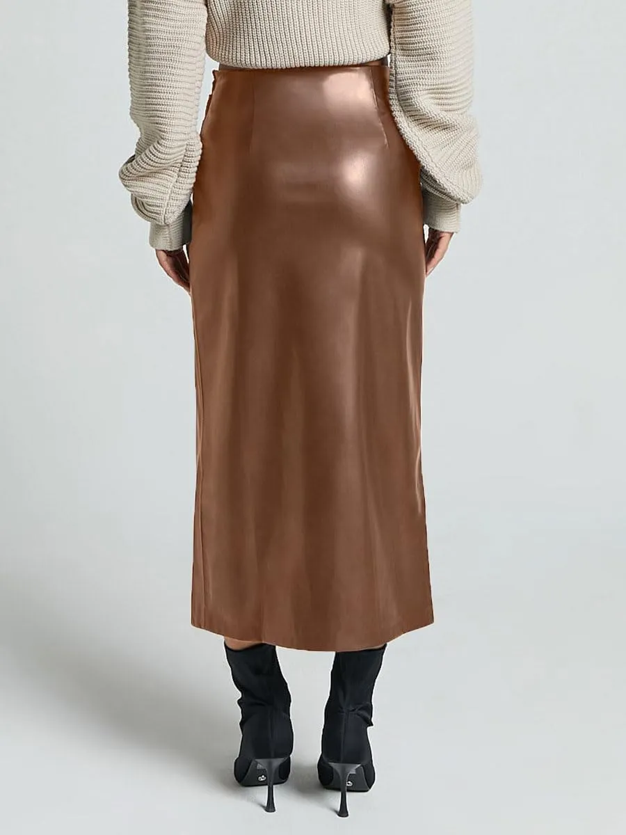 Women's High Waisted Faux Leather Pencil Skirt Side Slit Bodycon Fit Long Midi Skirt