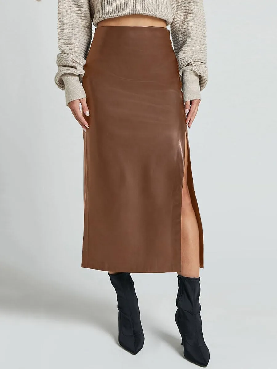 Women's High Waisted Faux Leather Pencil Skirt Side Slit Bodycon Fit Long Midi Skirt