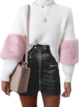 xxxiticat Women's Faux Leather Skirt Cute High Waist Bodycon Pencil Mini PU Skirts with Decorative Zippers