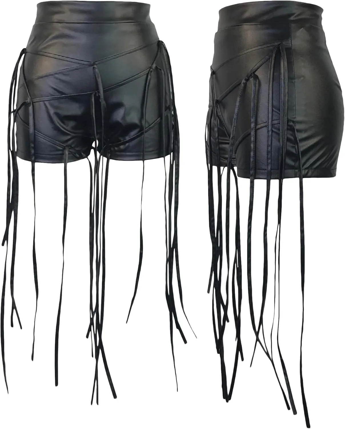 xxxiticat Women's Lace Up PU Leather Shorts High Waist Faux Leather Tassel Bandage Criss Cross Fringe Short Legging Pants