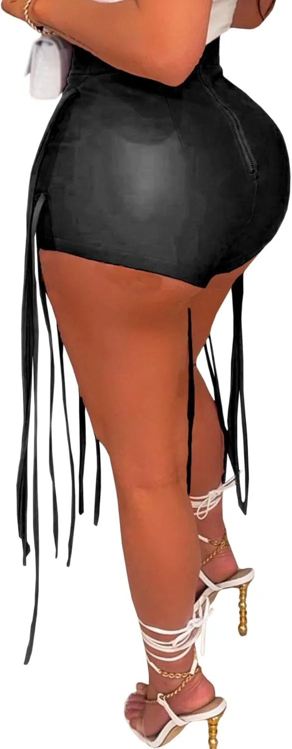 xxxiticat Women's Lace Up PU Leather Shorts High Waist Faux Leather Tassel Bandage Criss Cross Fringe Short Legging Pants
