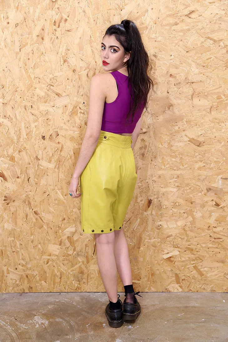 Yellow Leather Midi Shorts