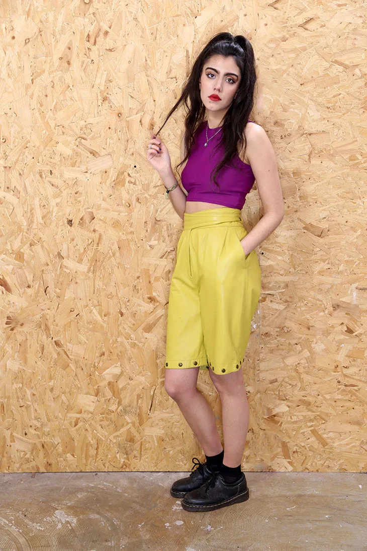 Yellow Leather Midi Shorts